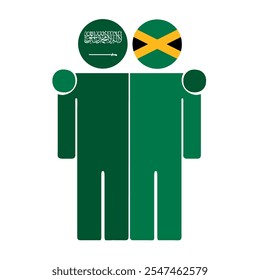 Flat illustration of two human figures with Saudi Arabia and Jamaica flags as heads. Minimalistic design, isolated background.