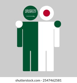 Flat illustration of two human figures with Saudi Arabia and Japan flags as heads. Minimalistic design, isolated background.