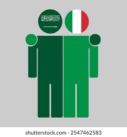 Flat illustration of two human figures with Saudi Arabia and Italy flags as heads. Minimalistic design, isolated background.