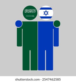 Flat illustration of two human figures with Saudi Arabia and Israel flags as heads. Minimalistic design, isolated background.