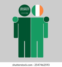 Flat illustration of two human figures with Saudi Arabia and Ireland flags as heads. Minimalistic design, isolated background.