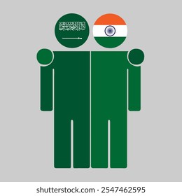 Flat illustration of two human figures with Saudi Arabia and India flags as heads. Minimalistic design, isolated background.