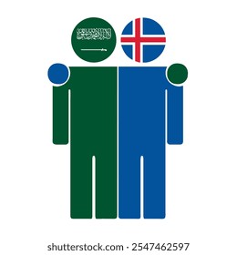 Flat illustration of two human figures with Saudi Arabia and Iceland flags as heads. Minimalistic design, isolated background.