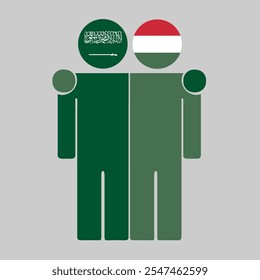 Flat illustration of two human figures with Saudi Arabia and Hungary flags as heads. Minimalistic design, isolated background.