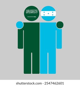 Flat illustration of two human figures with Saudi Arabia and Honduras flags as heads. Minimalistic design, isolated background.