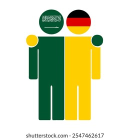 Flat illustration of two human figures with Saudi Arabia and Germany flags as heads. Minimalistic design, isolated background.