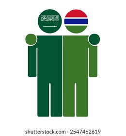 Flat illustration of two human figures with Saudi Arabia and Gambia flags as heads. Minimalistic design, isolated background.