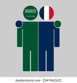 Ilustração plana de duas figuras humanas com a Arábia Saudita e a França bandeiras como cabeças. Design minimalista, fundo isolado.