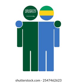 Flat illustration of two human figures with Saudi Arabia and Gabon flags as heads. Minimalistic design, isolated background.