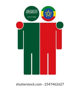 Flat illustration of two human figures with Saudi Arabia and Ethiopia flags as heads. Minimalistic design, isolated background.