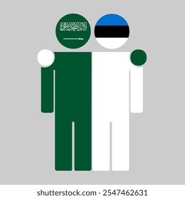 Flat illustration of two human figures with Saudi Arabia and Estonia flags as heads. Minimalistic design, isolated background.