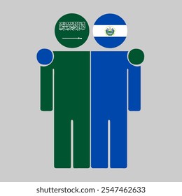 Flat illustration of two human figures with Saudi Arabia and El Salvador flags as heads. Minimalistic design, isolated background.