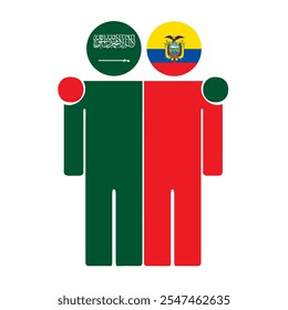 Flat illustration of two human figures with Saudi Arabia and Ecuador flags as heads. Minimalistic design, isolated background.