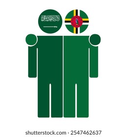 Flat illustration of two human figures with Saudi Arabia and Dominica flags as heads. Minimalistic design, isolated background.