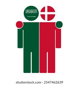 Flat illustration of two human figures with Saudi Arabia and Denmark flags as heads. Minimalistic design, isolated background.