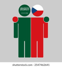 Flat illustration of two human figures with Saudi Arabia and Czech Republic flags as heads. Minimalistic design, isolated background.