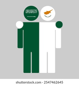 Flat illustration of two human figures with Saudi Arabia and Cyprus flags as heads. Minimalistic design, isolated background.