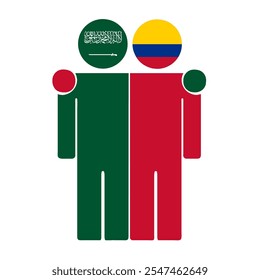 Flat illustration of two human figures with Saudi Arabia and Colombia flags as heads. Minimalistic design, isolated background.