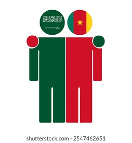 Flat illustration of two human figures with Saudi Arabia and Cameroon flags as heads. Minimalistic design, isolated background.