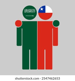 Flat illustration of two human figures with Saudi Arabia and Chile flags as heads. Minimalistic design, isolated background.