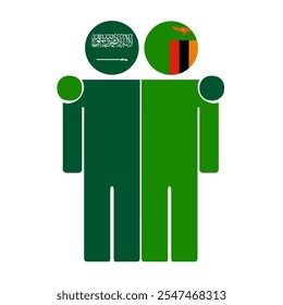 Flat illustration of two human figures with Saudi Arabia and Zambia flags as heads. Minimalistic design, isolated background.