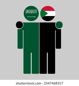 Flat illustration of two human figures with Saudi Arabia and Sudan flags as heads. Minimalistic design, isolated background.