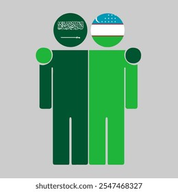 Flat illustration of two human figures with Saudi Arabia and Uzbekistan flags as heads. Minimalistic design, isolated background.