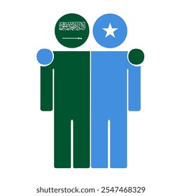 Flat illustration of two human figures with Saudi Arabia and Somalia flags as heads. Minimalistic design, isolated background.