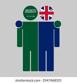 Flat illustration of two human figures with Saudi Arabia and UK flags as heads. Minimalistic design, isolated background.