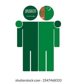 Flat illustration of two human figures with Saudi Arabia and Turkmenistan flags as heads. Minimalistic design, isolated background.