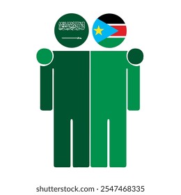 Flat illustration of two human figures with Saudi Arabia and South Sudan flags as heads. Minimalistic design, isolated background.