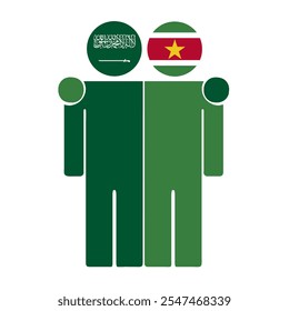 Flat illustration of two human figures with Saudi Arabia and Suriname flags as heads. Minimalistic design, isolated background.