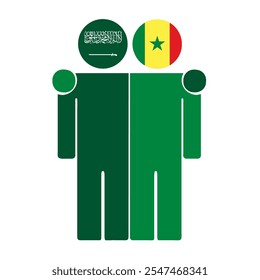 Flat illustration of two human figures with Saudi Arabia and Senegal flags as heads. Minimalistic design, isolated background.