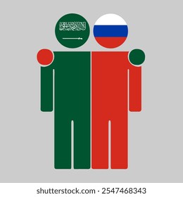 Flat illustration of two human figures with Saudi Arabia and Russia flags as heads. Minimalistic design, isolated background.