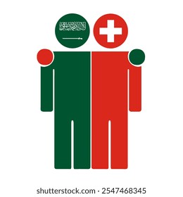 Flat illustration of two human figures with Saudi Arabia and Switzerland flags as heads. Minimalistic design, isolated background.