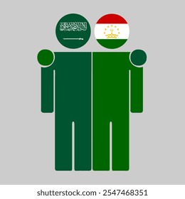 Flat illustration of two human figures with Saudi Arabia and Tajikistan flags as heads. Minimalistic design, isolated background.