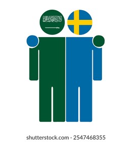 Flat illustration of two human figures with Saudi Arabia and Sweden flags as heads. Minimalistic design, isolated background.