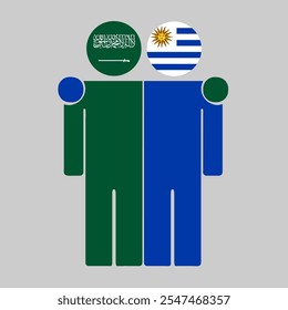 Ilustración plana de dos figuras humanas con banderas de Arabia Saudita y Uruguay como cabezas. Diseño minimalista, fondo aislado.