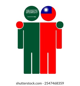 Flat illustration of two human figures with Saudi Arabia and Taiwan flags as heads. Minimalistic design, isolated background.