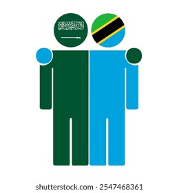 Flat illustration of two human figures with Saudi Arabia and Tanzania flags as heads. Minimalistic design, isolated background.