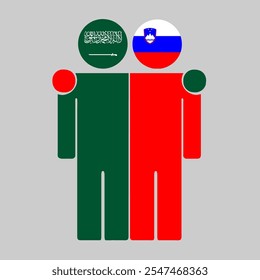 Flat illustration of two human figures with Saudi Arabia and Slovenia flags as heads. Minimalistic design, isolated background.