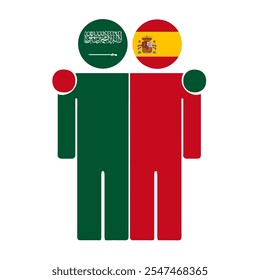 Flat illustration of two human figures with Saudi Arabia and Spain flags as heads. Minimalistic design, isolated background.