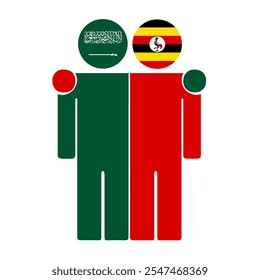 Flat illustration of two human figures with Saudi Arabia and Uganda flags as heads. Minimalistic design, isolated background.