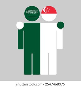 Flat illustration of two human figures with Saudi Arabia and Singapore flags as heads. Minimalistic design, isolated background.