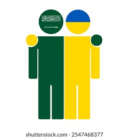 Flat illustration of two human figures with Saudi Arabia and Ukraine flags as heads. Minimalistic design, isolated background.