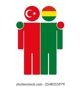 Flat illustration of two human figures with Turkey and Bolivia flags as heads. Minimalistic design, isolated background.