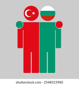 Flat illustration of two human figures with Turkey and Bulgaria flags as heads. Minimalistic design, isolated background.