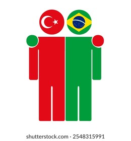 Flat illustration of two human figures with Turkey and Brazil flags as heads. Minimalistic design, isolated background.