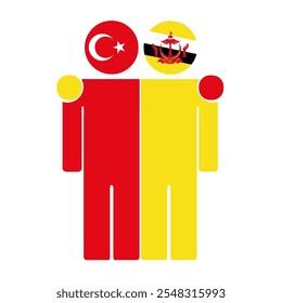 Flat illustration of two human figures with Turkey and Brunei Darussalam flags as heads. Minimalistic design, isolated background.