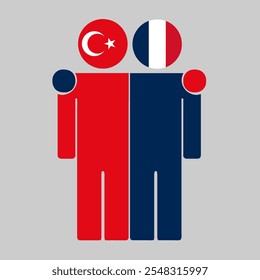 Flat illustration of two human figures with Turkey and France flags as heads. Minimalistic design, isolated background.